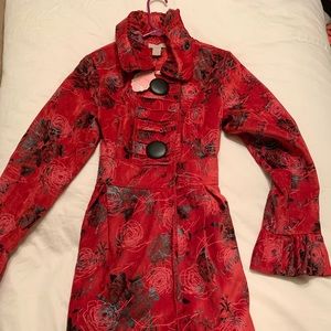 Fashionable Red Floral  Belted Overcoat